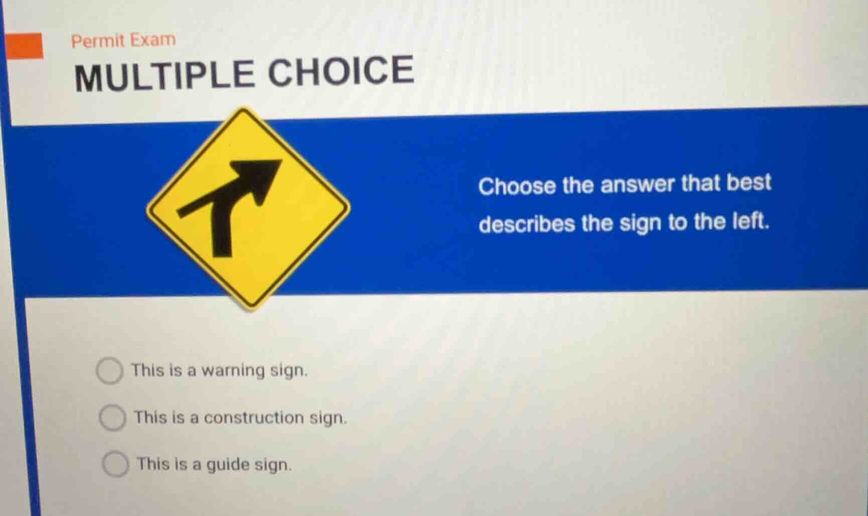 permit exam multiple choice image of a yellow diamond - shaped road sig…