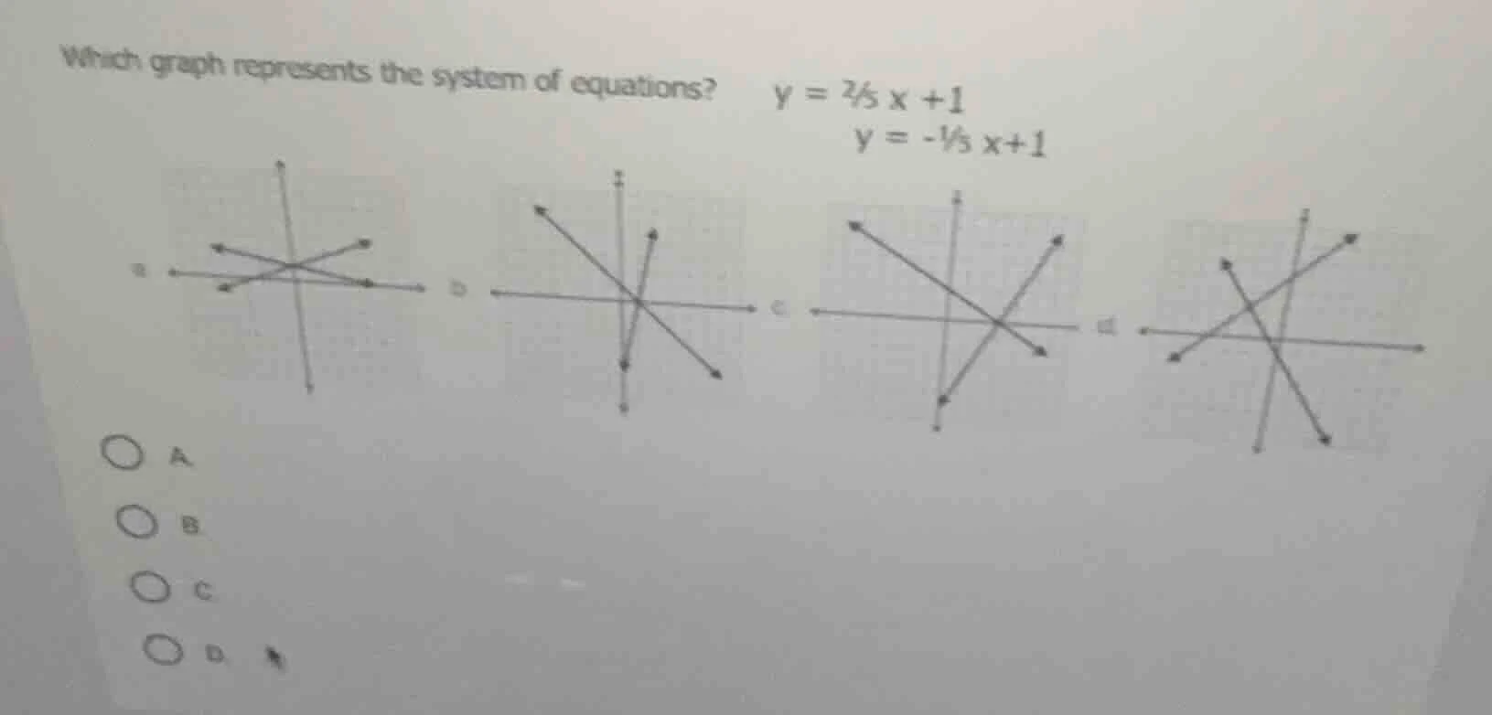 which graph represents the system of equations? $y = \\frac{2}{5} x + 1…