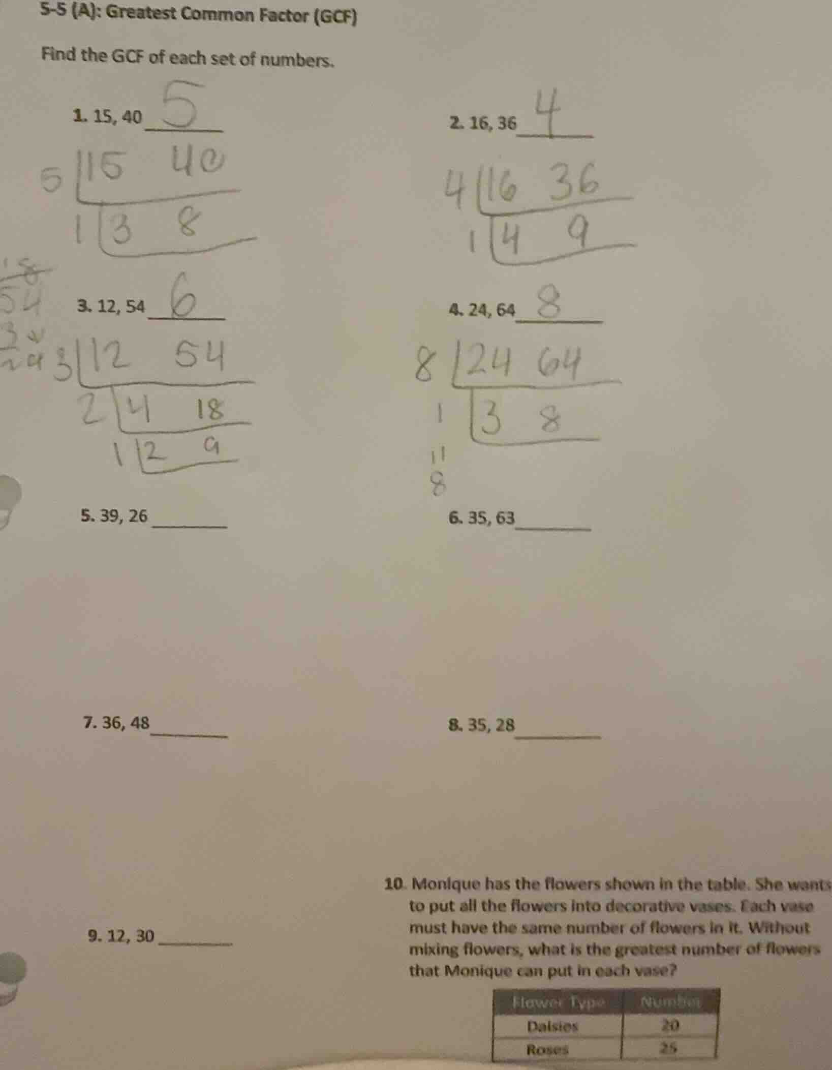 5-5 (a): greatest common factor (gcf) find the gcf of each set of numbe…