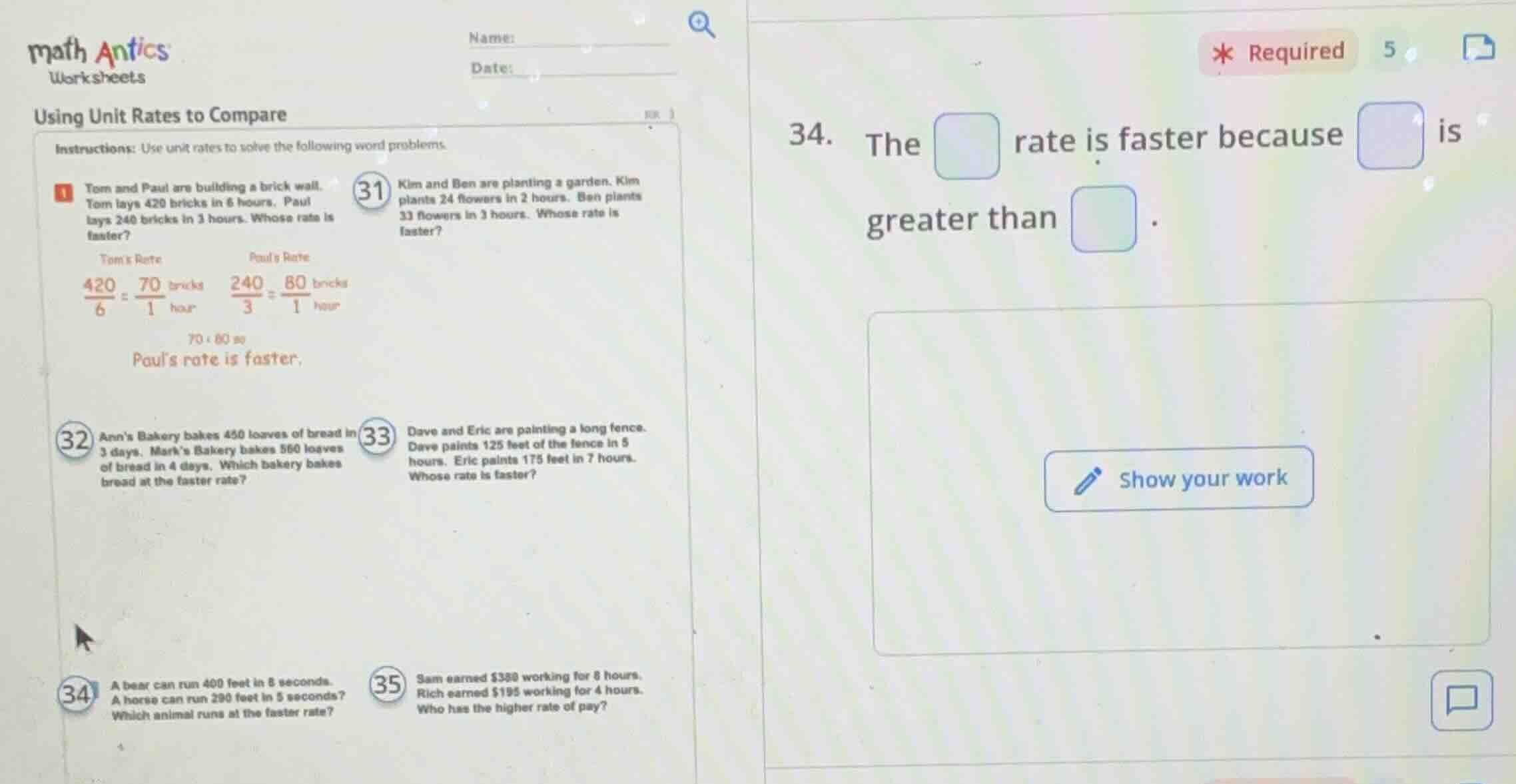 math antics worksheets using unit rates to compare instructions: use un…