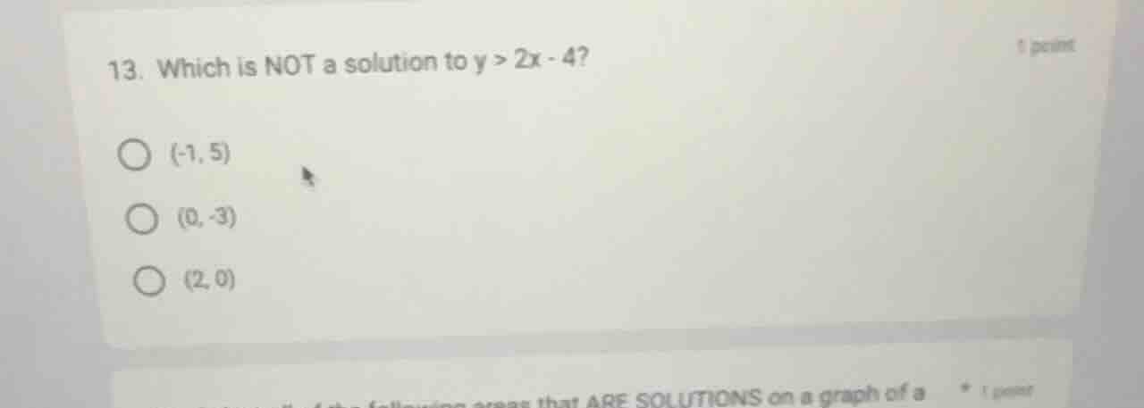 13. which is not a solution to $y > 2x - 4$? $\\bigcirc$ $(-1, 5)$ $\\b…