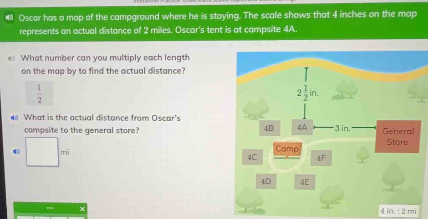 oscar has a map of the campground where he is staying. the scale shows …