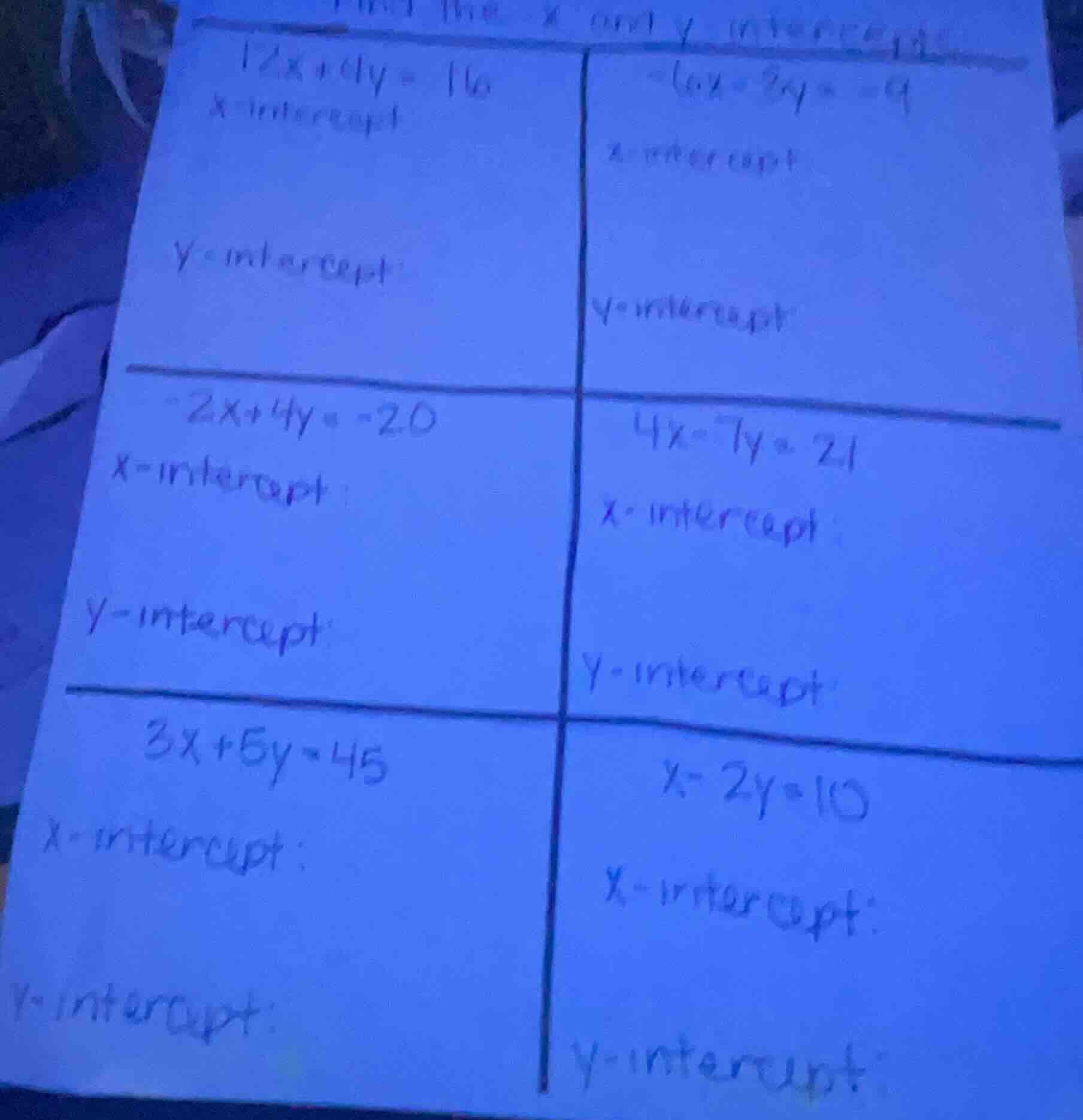 find the x and y intercepts 12x + 6y = 16 x - intercept y - intercept -…