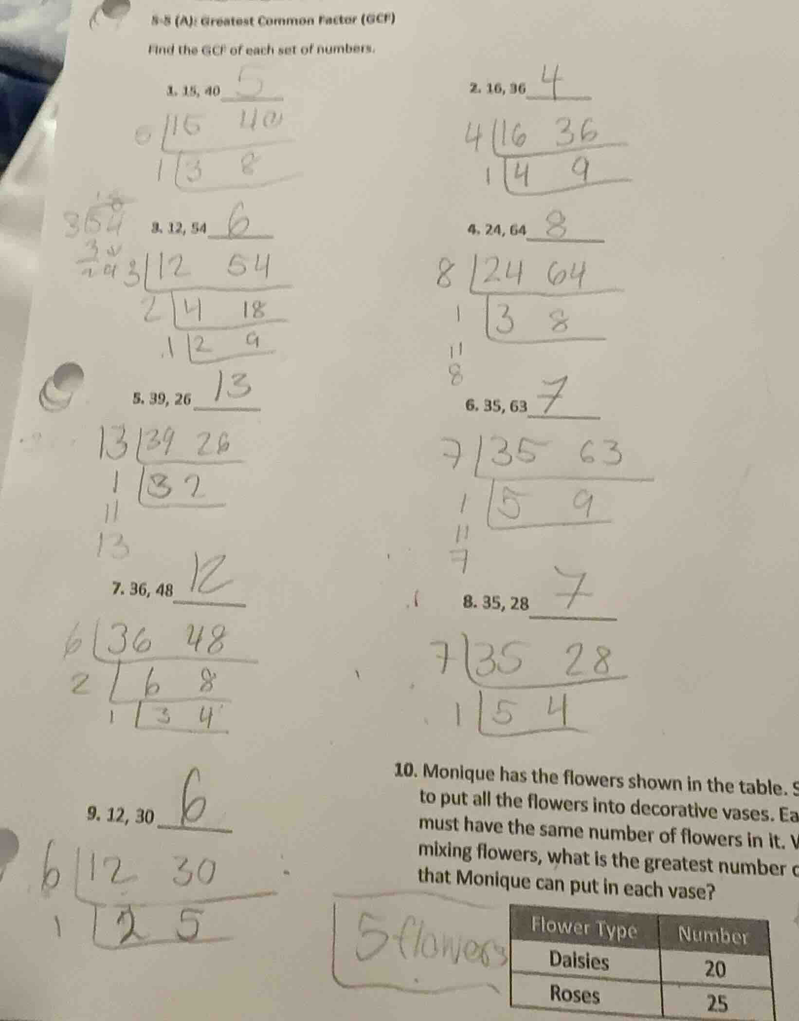 8-8 (a): greatest common factor (gcf) find the gcf of each set of numbe…