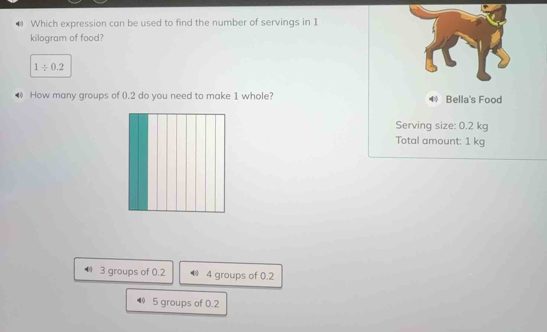 which expression can be used to find the number of servings in 1 kilogr…