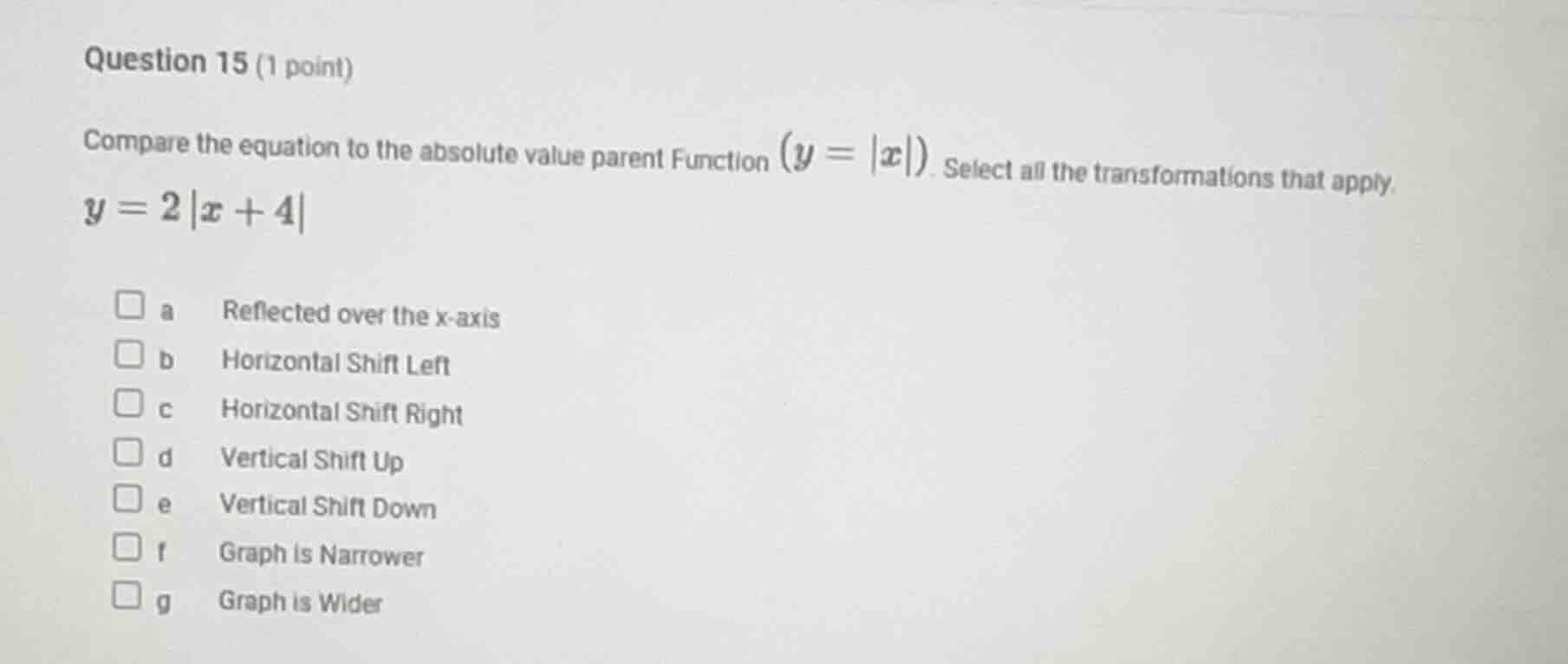 question 15 (1 point) compare the equation to the absolute value parent…