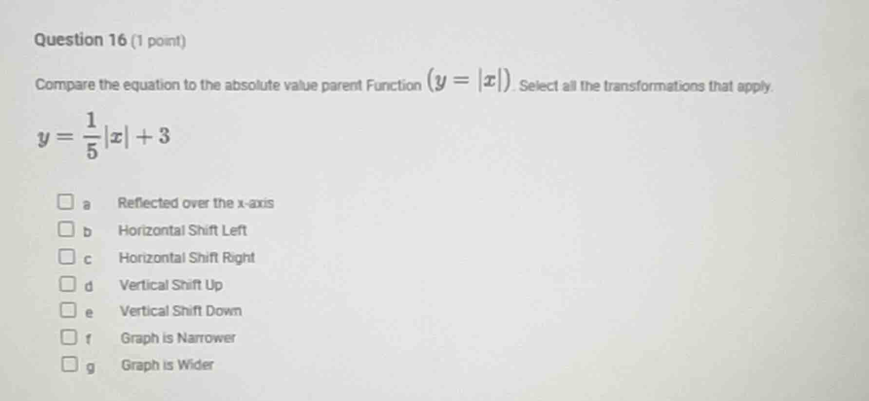 question 16 (1 point) compare the equation to the absolute value parent…