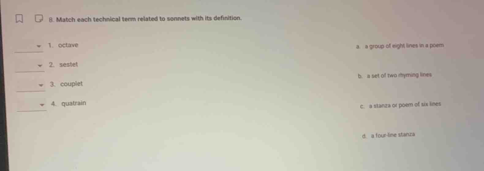 8. match each technical term related to sonnets with its definition. 1.…