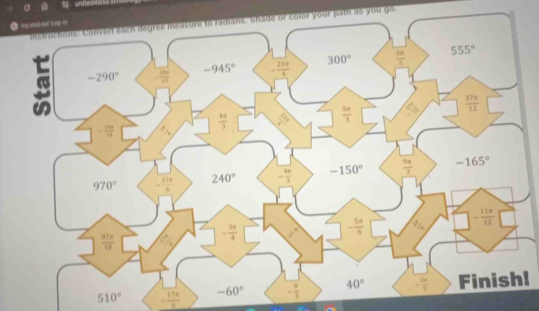 instructions: convert each degree measure to radians. shade or color yo…