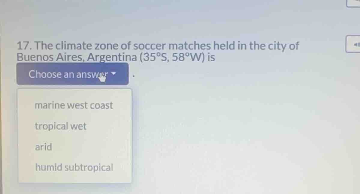 17. the climate zone of soccer matches held in the city of buenos aires…