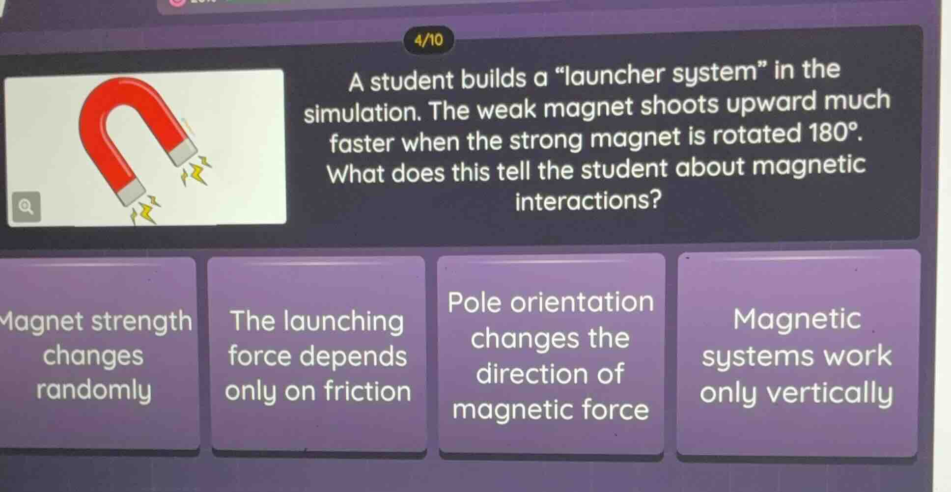 a student builds a \launcher system\ in the simulation. the weak magnet…
