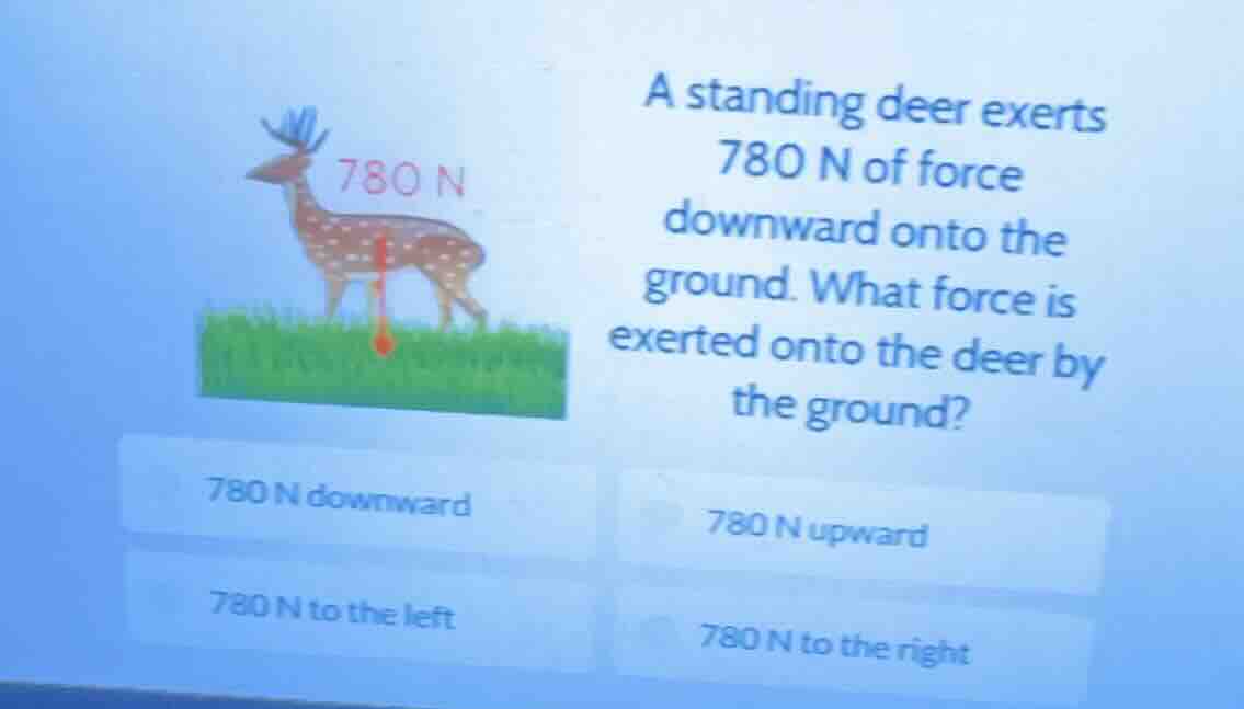a standing deer exerts 780 n of force downward onto the ground. what fo…