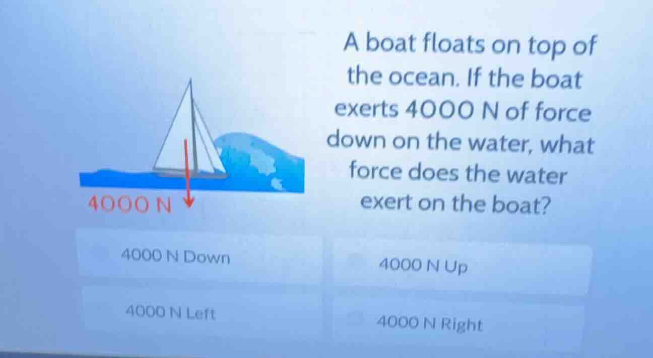 a boat floats on top of the ocean. if the boat exerts 4000 n of force d…