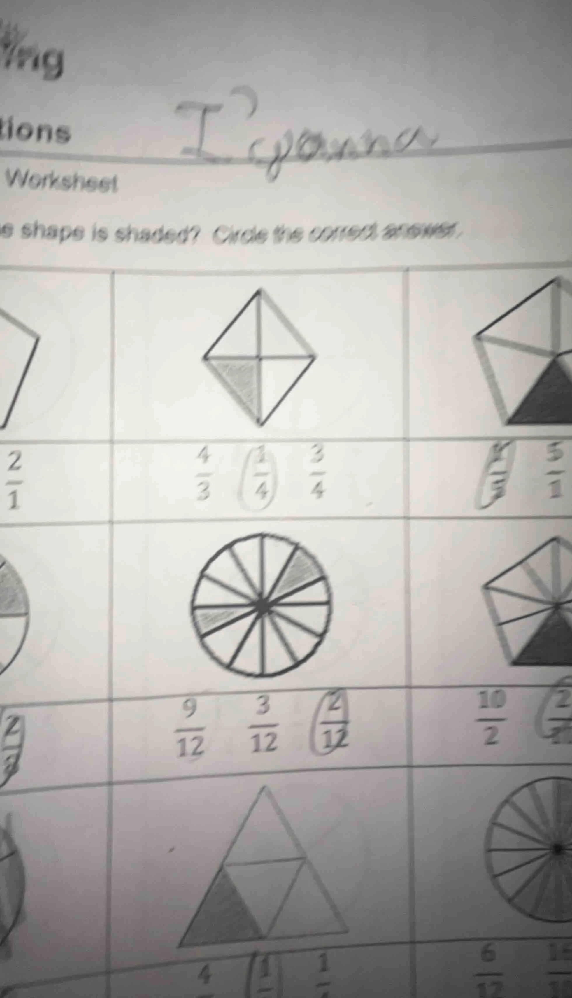worksheet shape is shaded? circle the correct answer. (images of shapes…