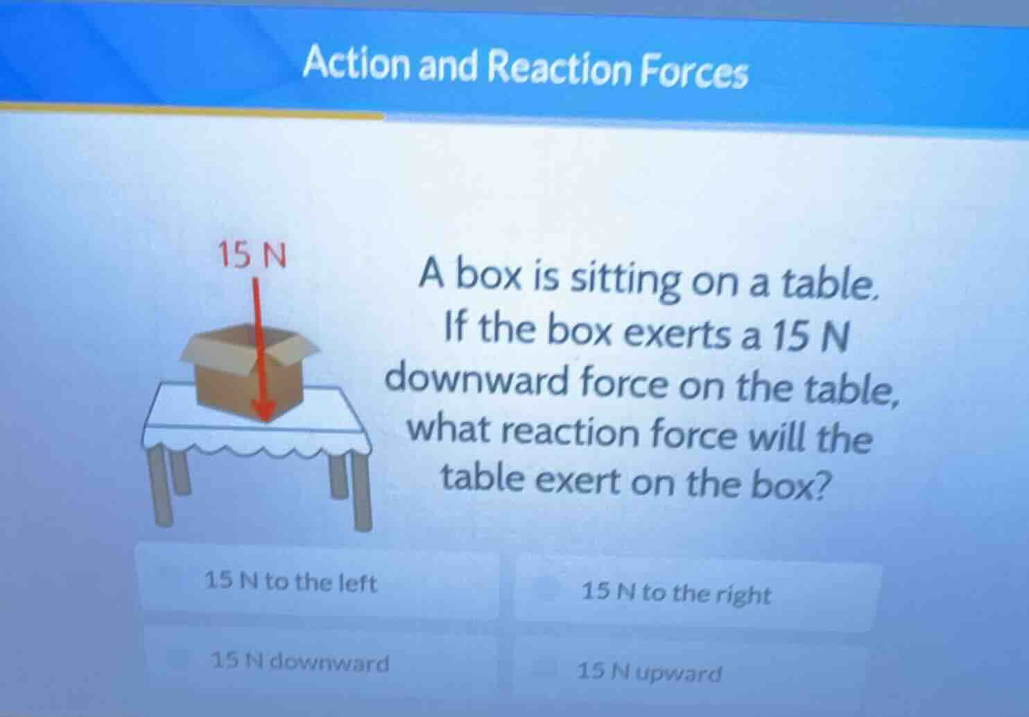 action and reaction forces 15 n a box is sitting on a table. if the box…