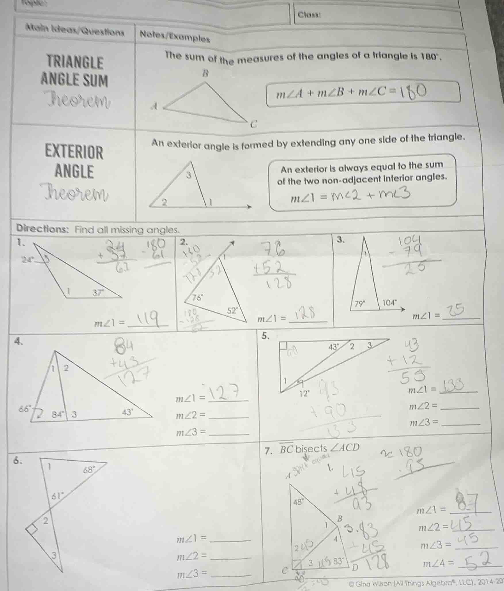topic class: main ideas/questions\tnotes/examples triangle angle sum th…