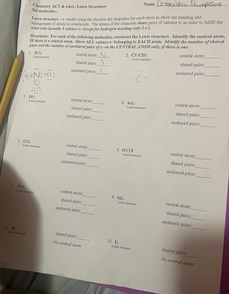 chemistry act & wkst: lewis structures for molecules. lewis structure –…