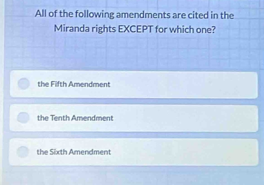 all of the following amendments are cited in the miranda rights except …