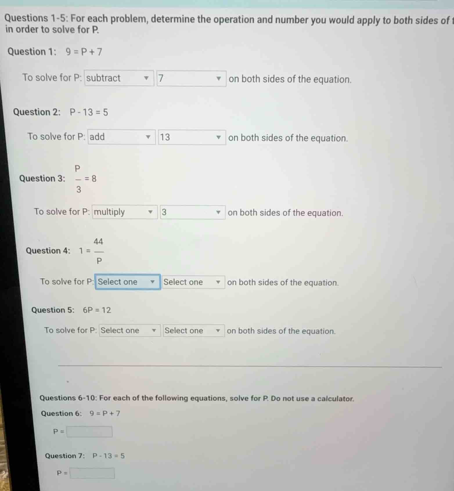 questions 1-5: for each problem, determine the operation and number you…