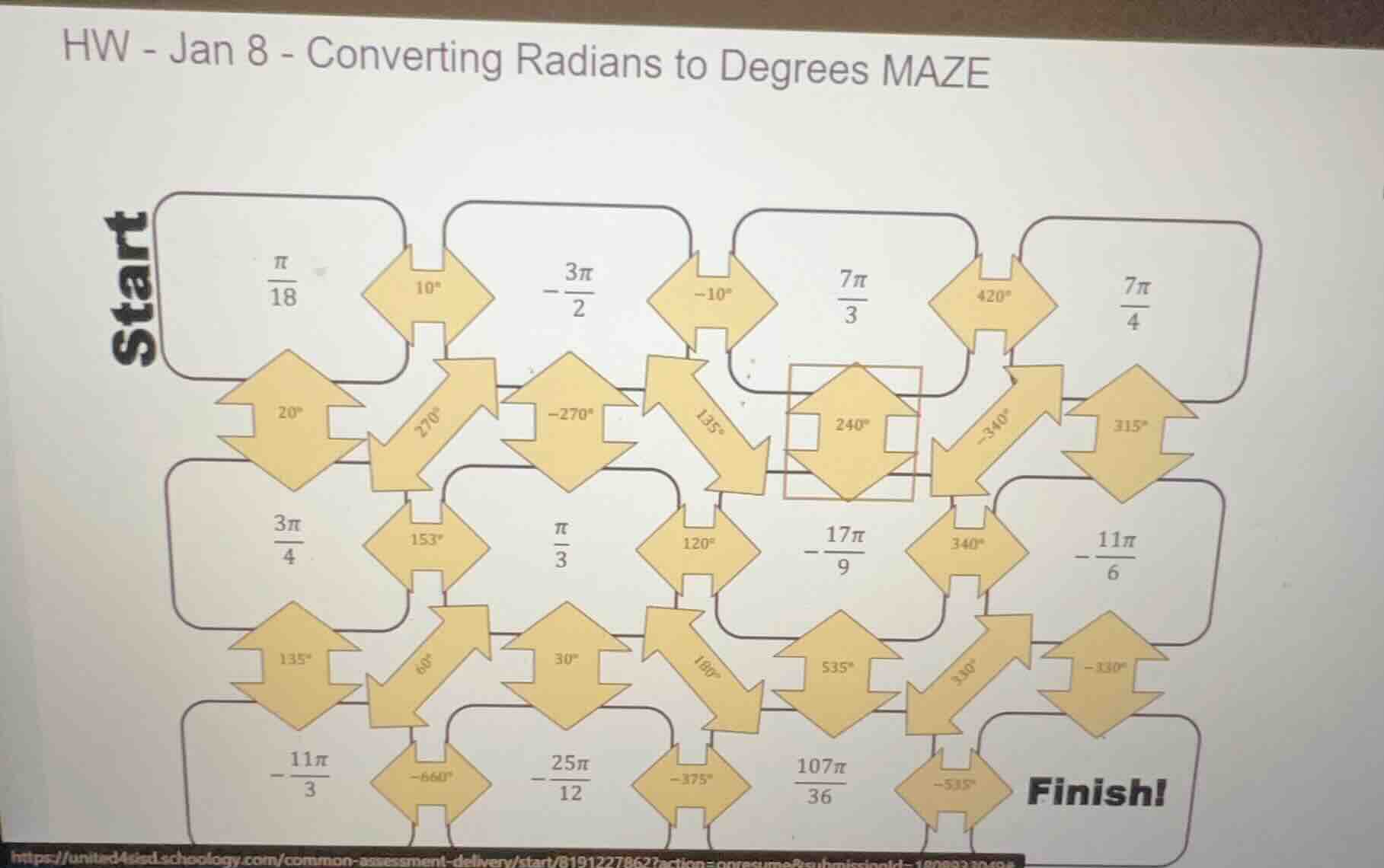 hw - jan 8 - converting radians to degrees maze start $\frac{pi}{18}$ $…