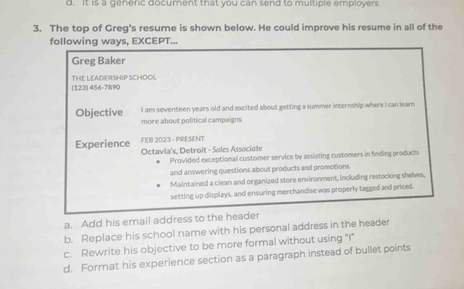 3. the top of greg’s resume is shown below. he could improve his resume…