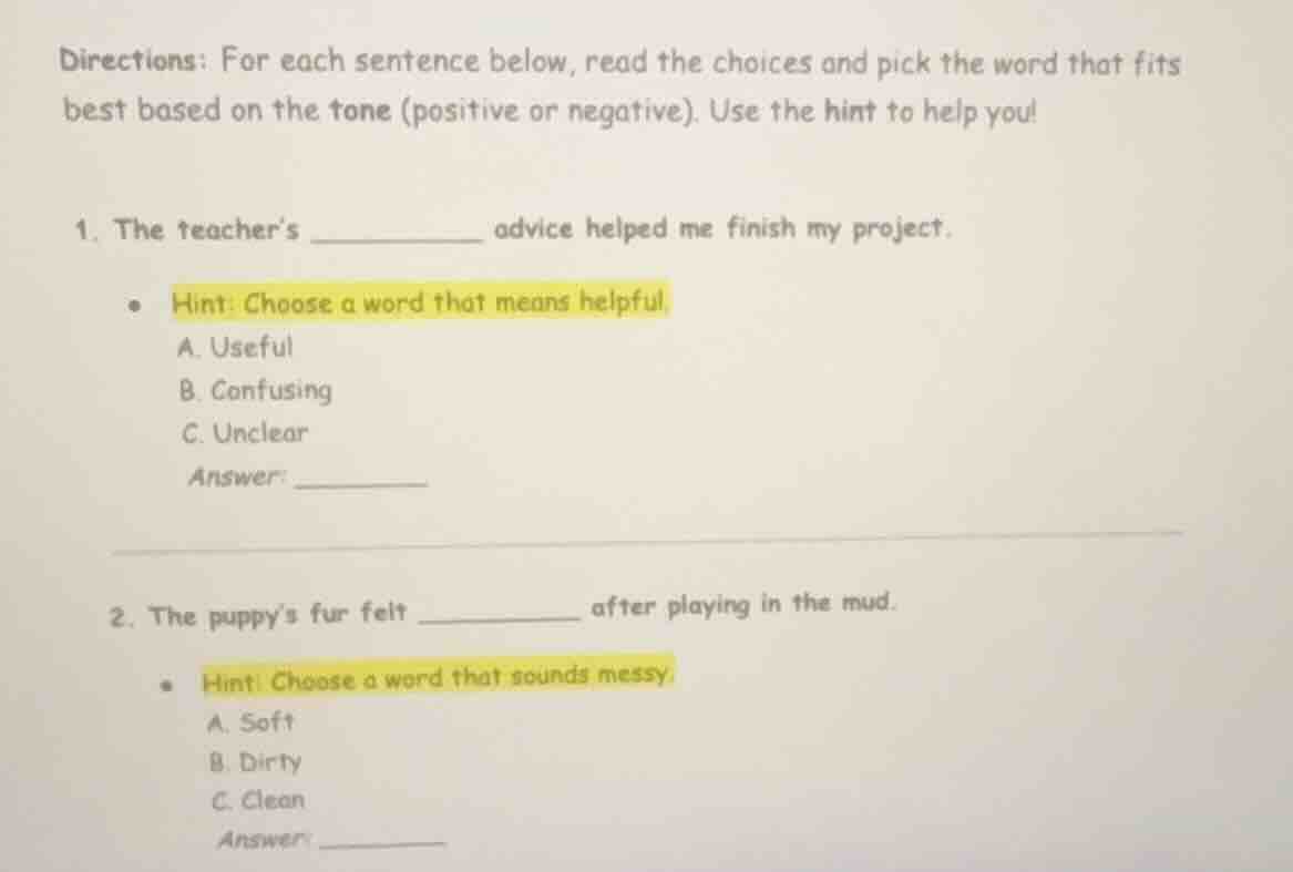 directions: for each sentence below, read the choices and pick the word…