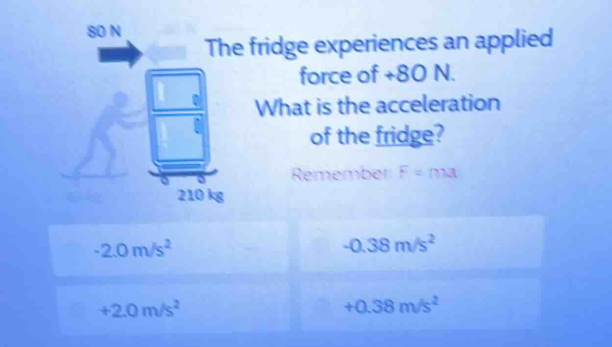 80 n the fridge experiences an applied force of +80 n. what is the acce…