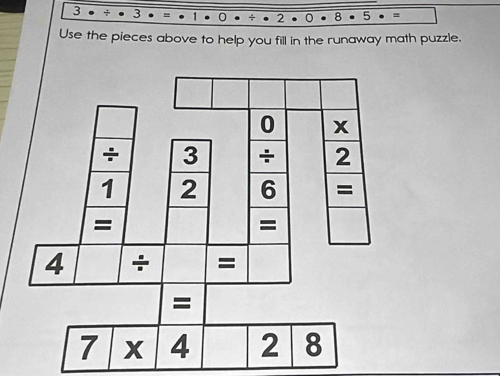 3 • ÷ • 3 • = • 1 • 0 • ÷ • 2 • 0 • 8 • 5 • = use the pieces above to h…