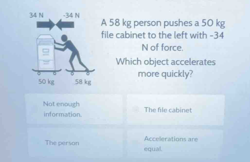34 n -34 n a 58 kg person pushes a 50 kg file cabinet to the left with …
