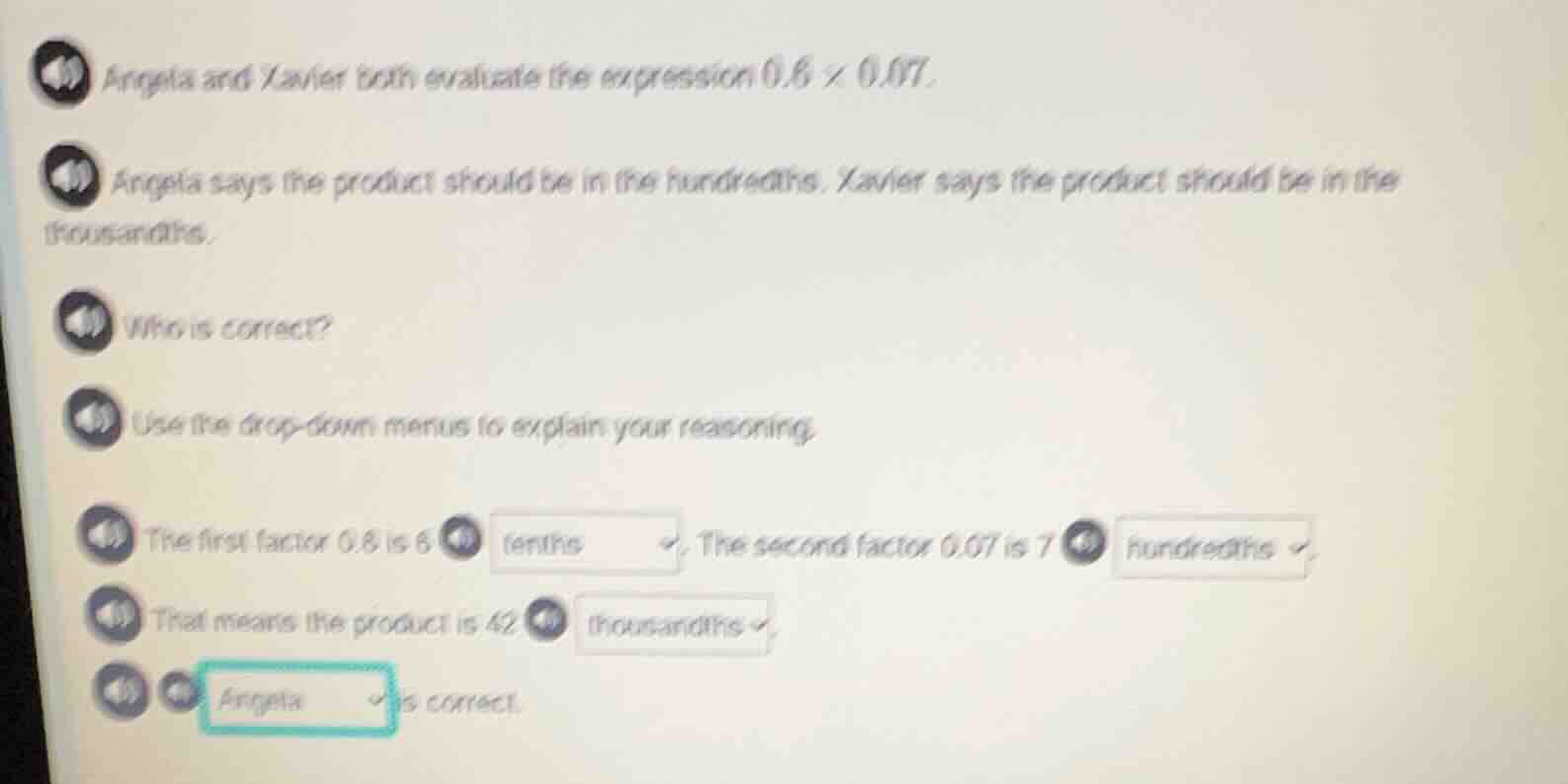 angela and xavier both evaluate the expression 0.6 × 0.07. angela says …