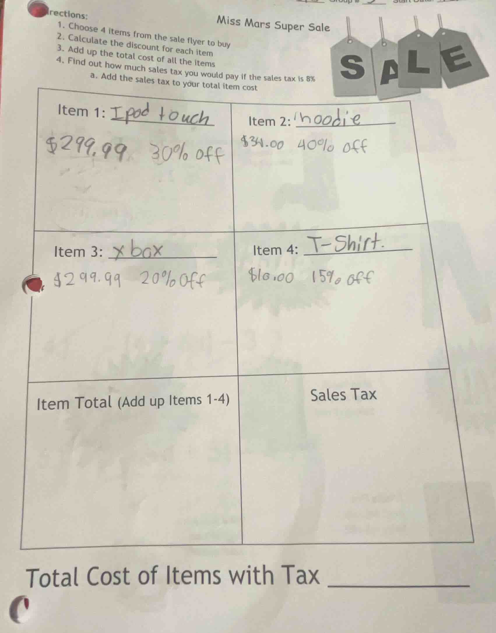 directions: 1. choose 4 items from the sale flyer to buy 2. calculate t…