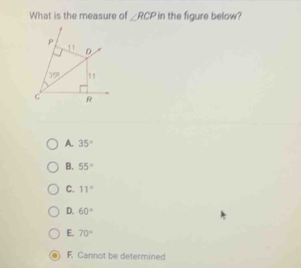 what is the measure of $\\angle rcp$ in the figure below? figure with r…