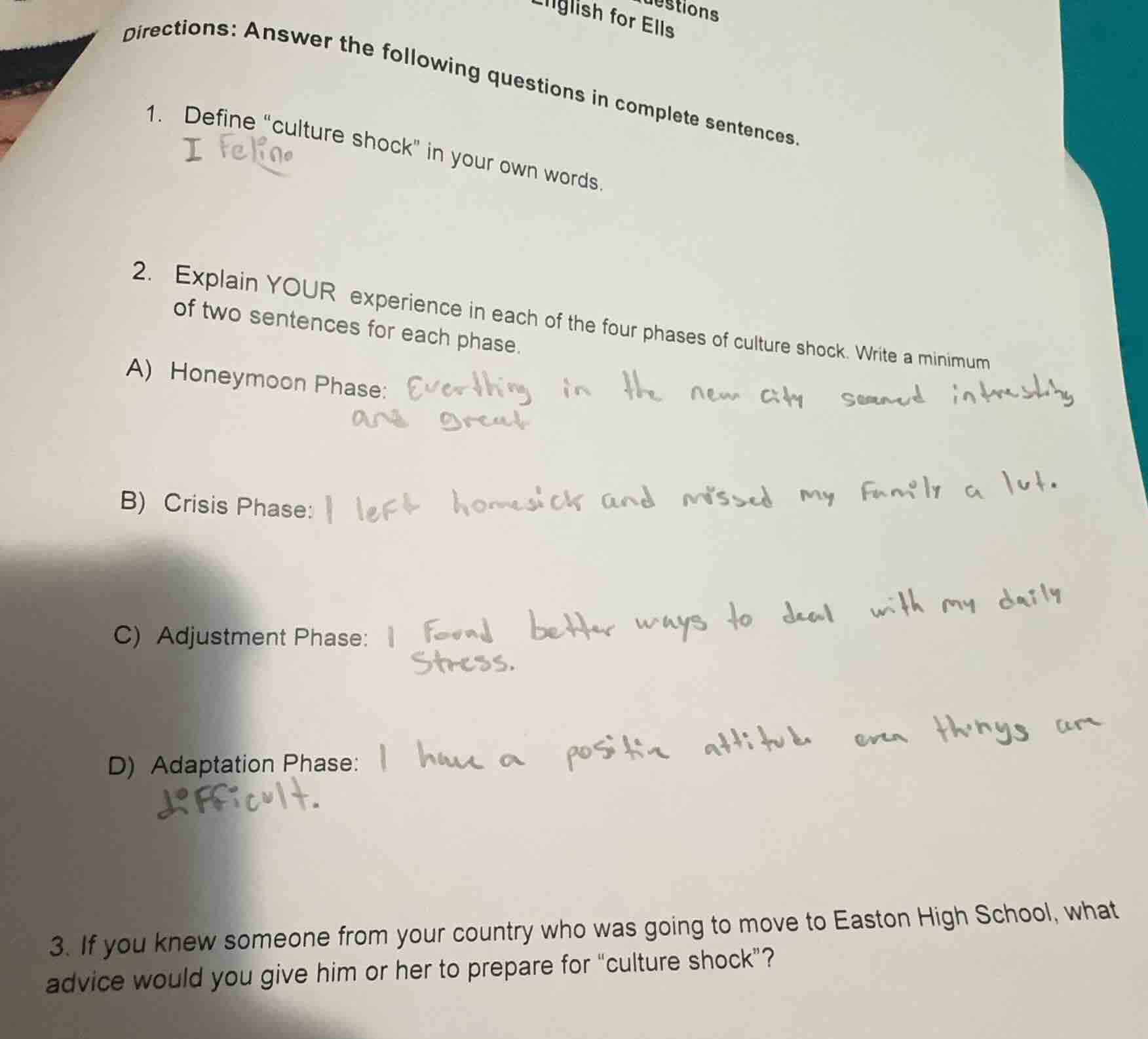 questions english for ells directions: answer the following questions i…