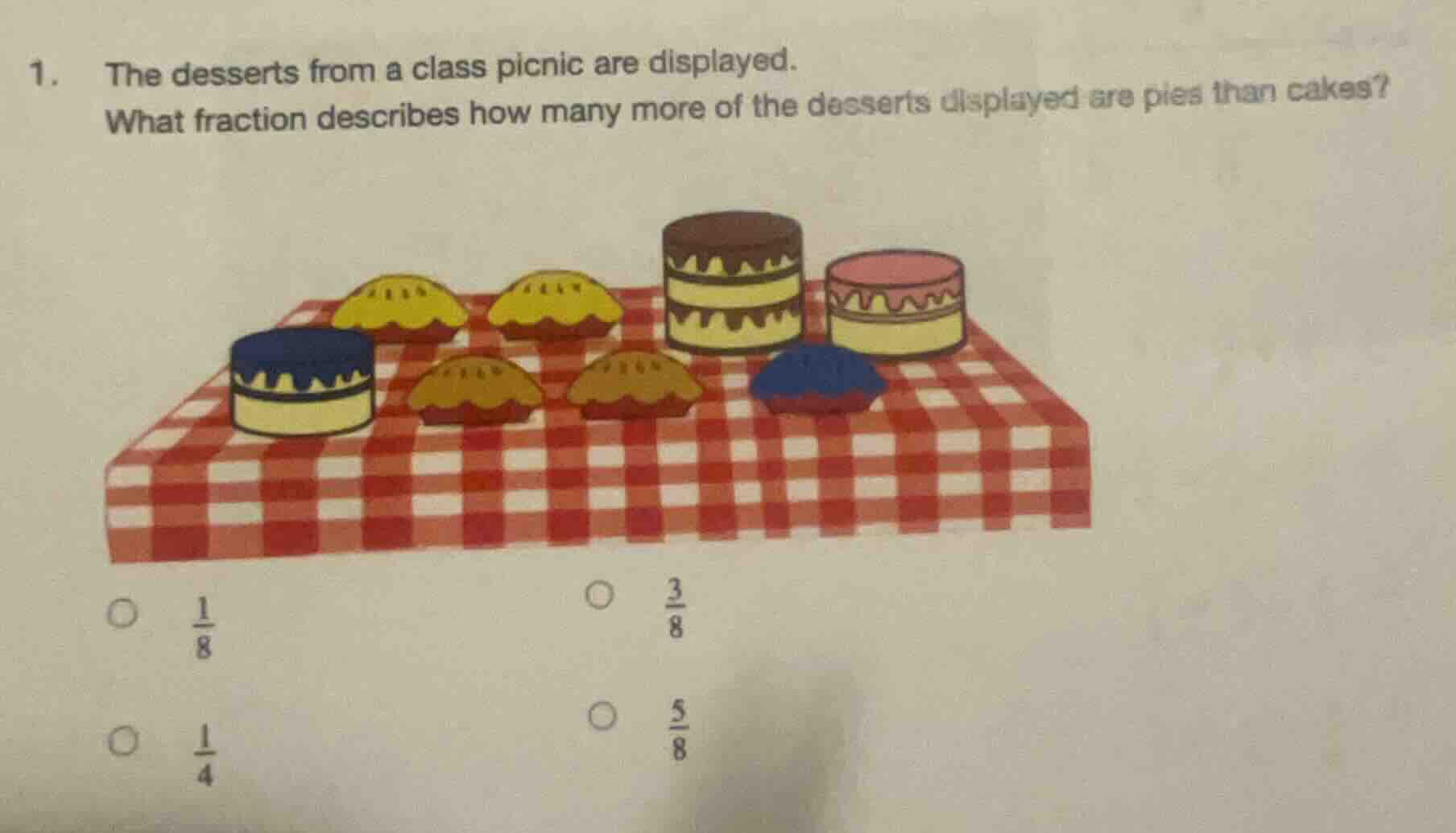 1. the desserts from a class picnic are displayed. what fraction descri…
