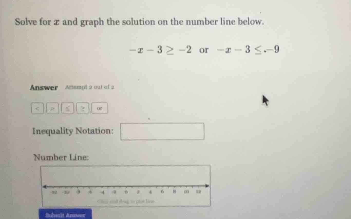 solve for x and graph the solution on the number line below. -x - 3 ≥ -…