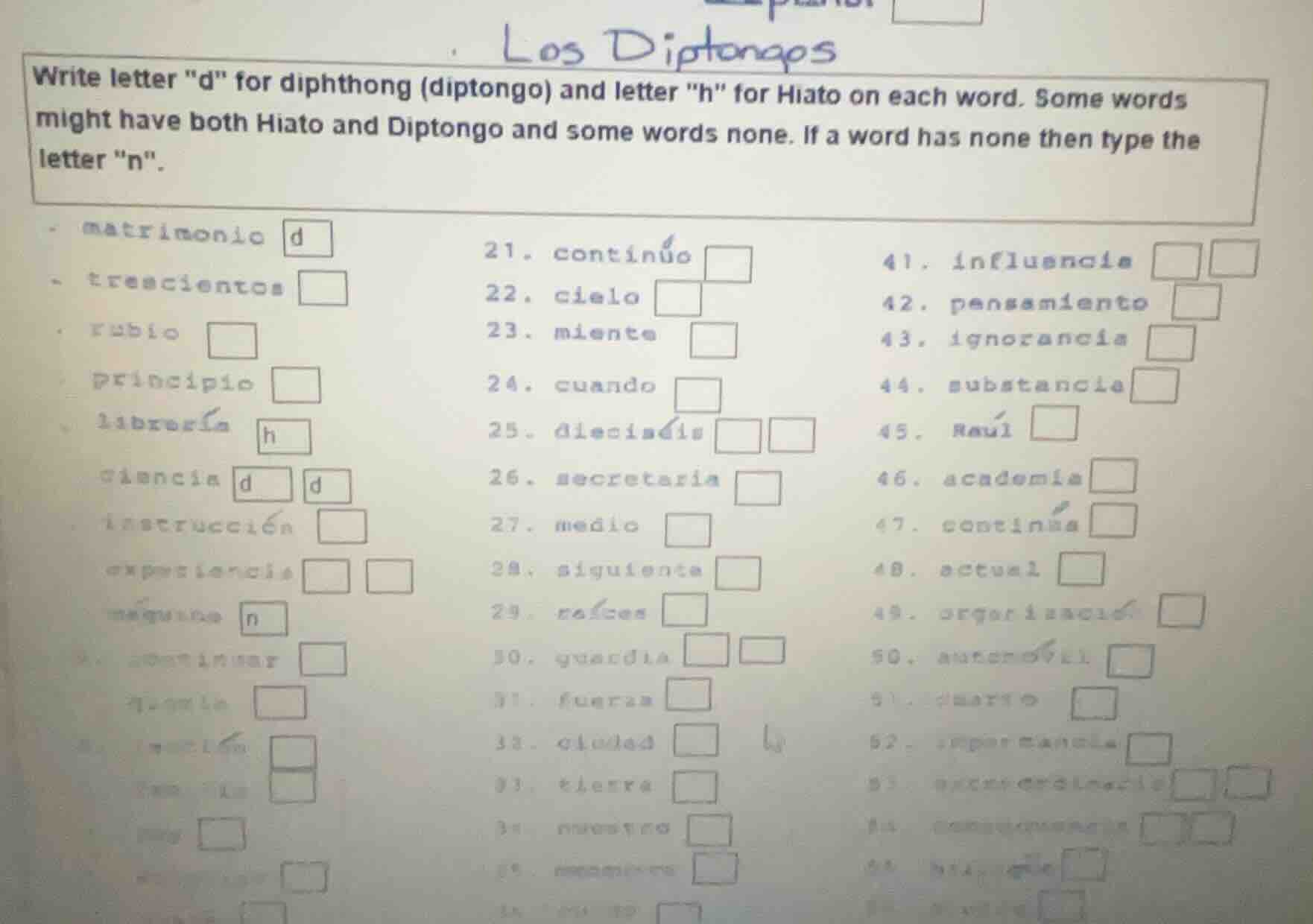 los diptongos write letter \d\ for diphthong (diptongo) and letter \h\ …