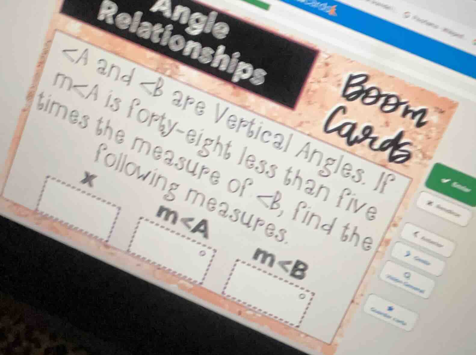 angle relationships boom cards ∠a and ∠b are vertical angles. if m∠a is…