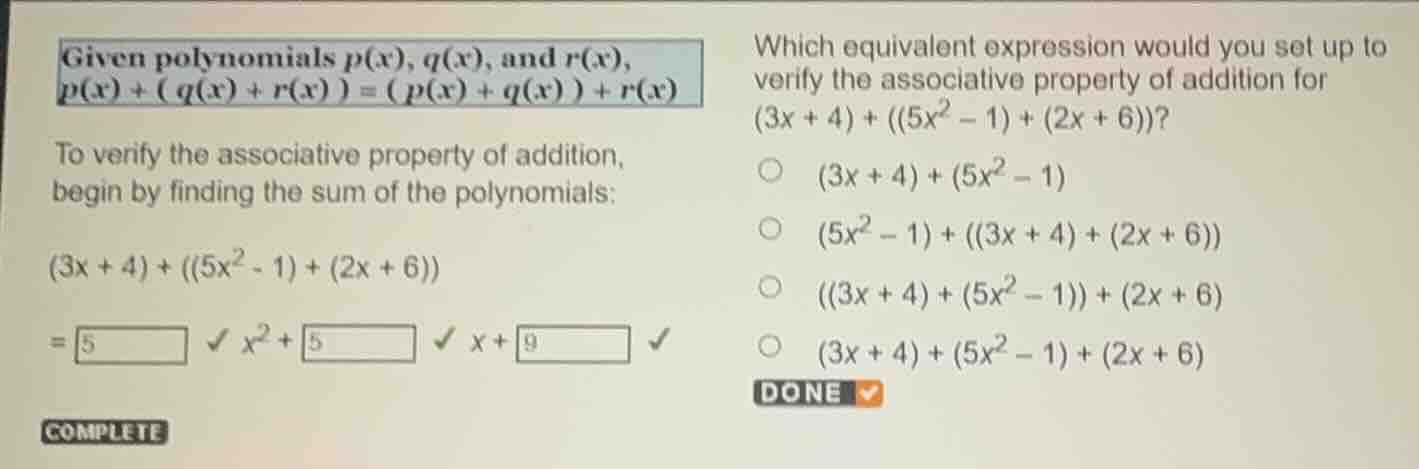 given polynomials p(x), q(x), and r(x), p(x) + ( q(x) + r(x) ) = (p(x) …