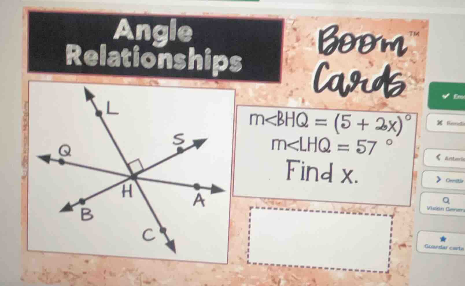 angle relationships m∠bhq = (5 + 2x)° m∠lhq = 57 ° find x. (there is a …