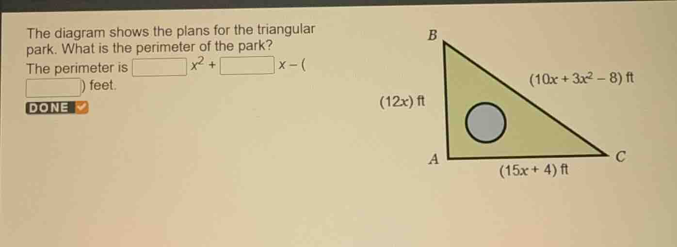 the diagram shows the plans for the triangular park. what is the perime…