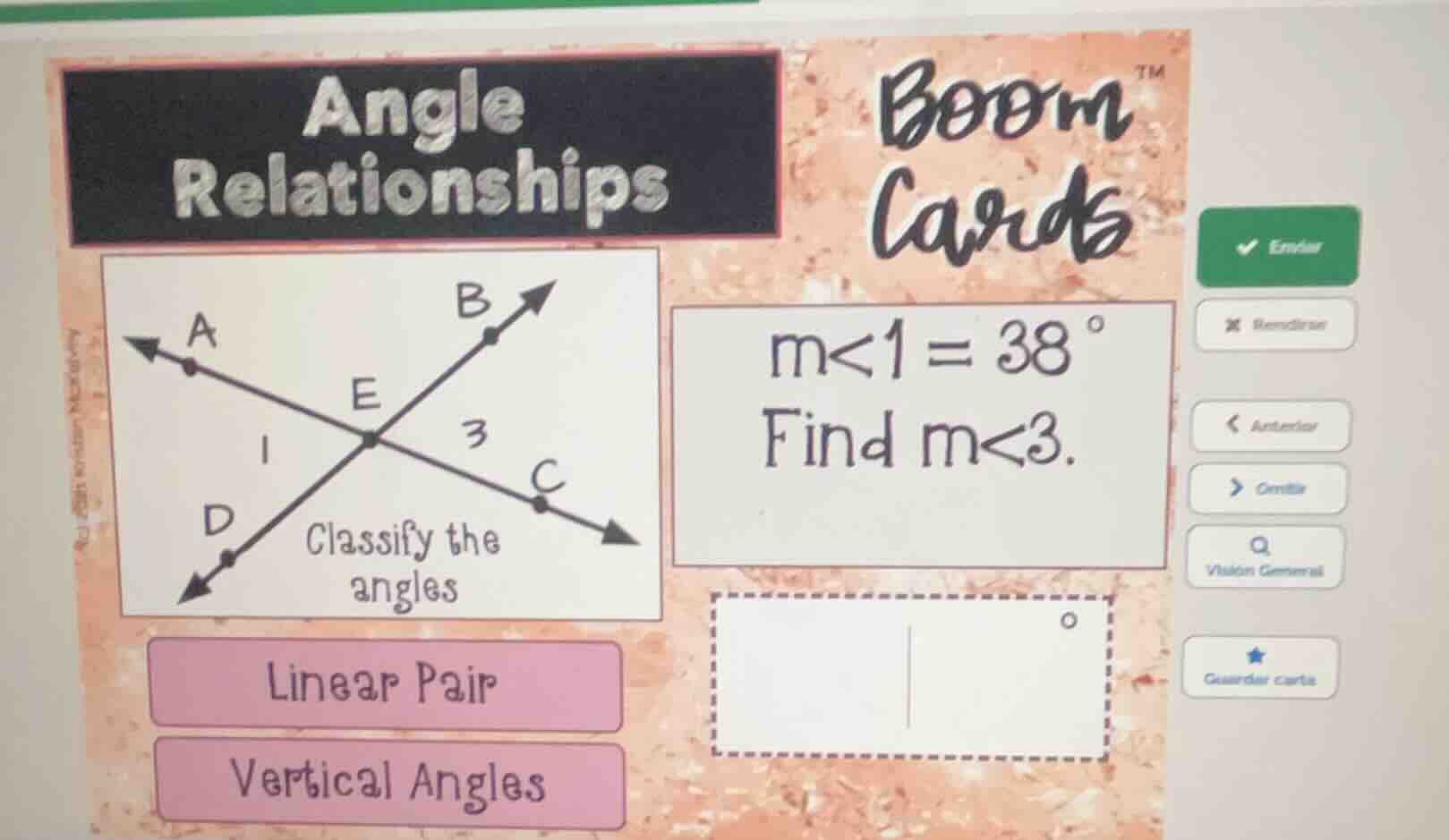 angle relationships boom cards m∠1 = 38° find m∠3. (there is a diagram …