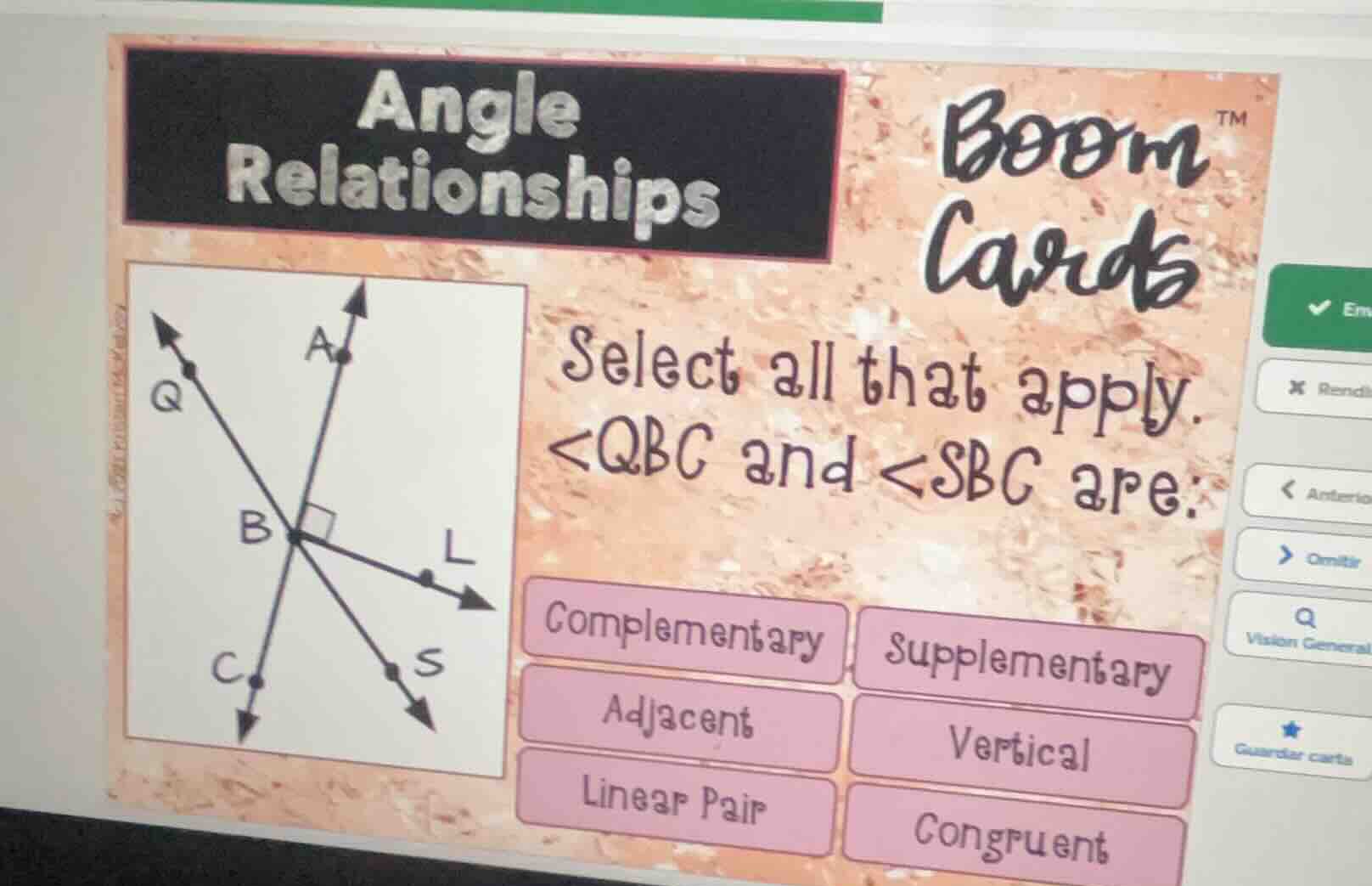 angle relationships boom cards select all that apply. ∠qbc and ∠sbc are…