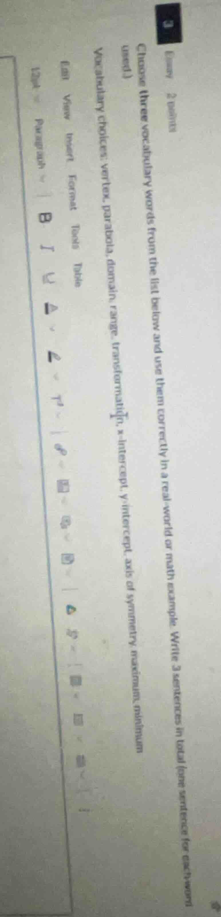 essay 2 points choose three vocabulary words from the list below and us…