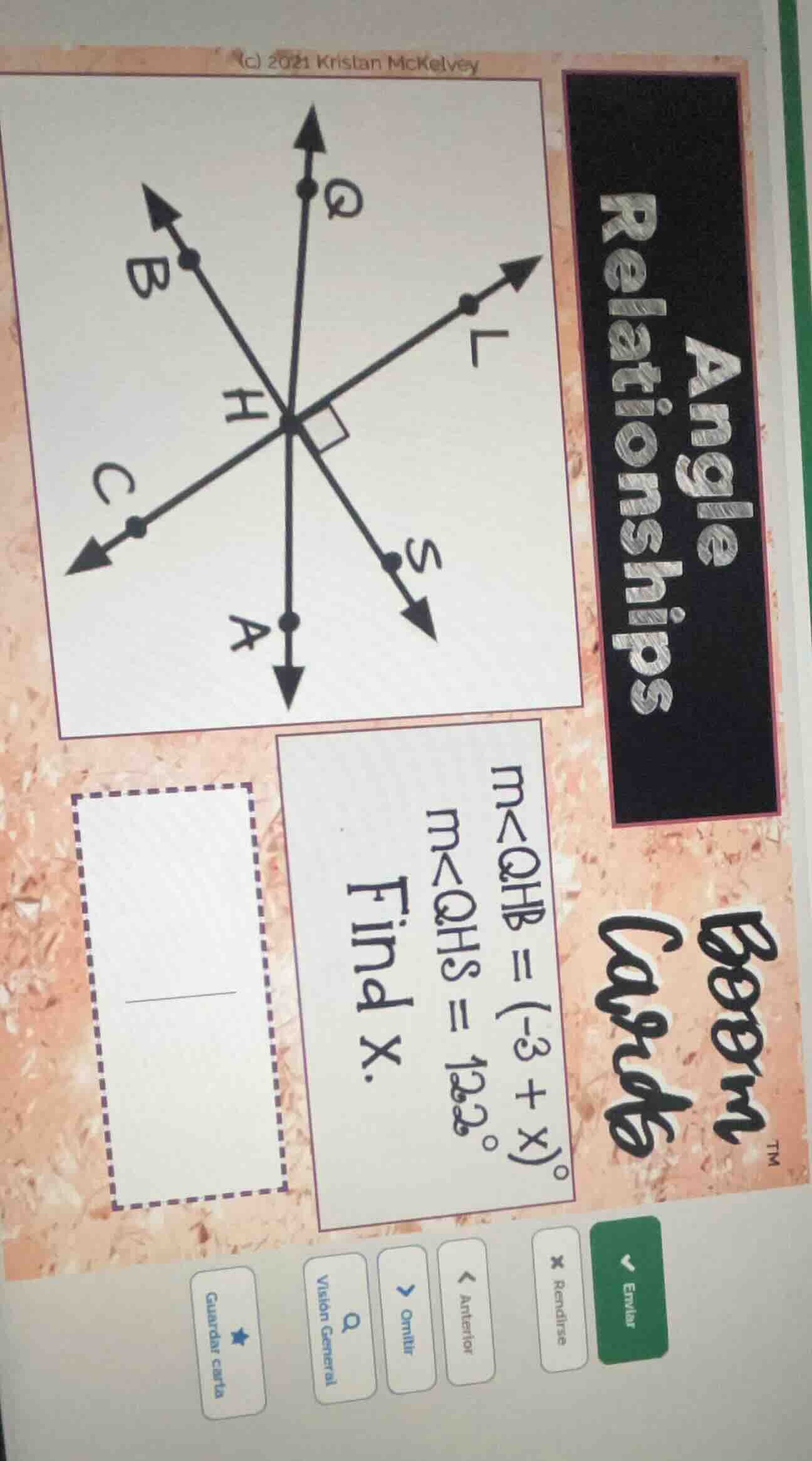 angle relationships m∠qhb = (-3 + x)° m∠qhs = 122° find x.