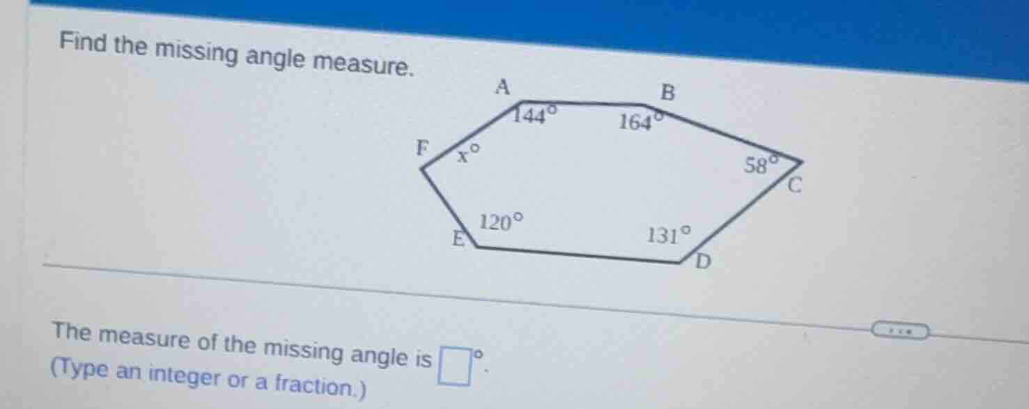 find the missing angle measure. the measure of the missing angle is \\(…