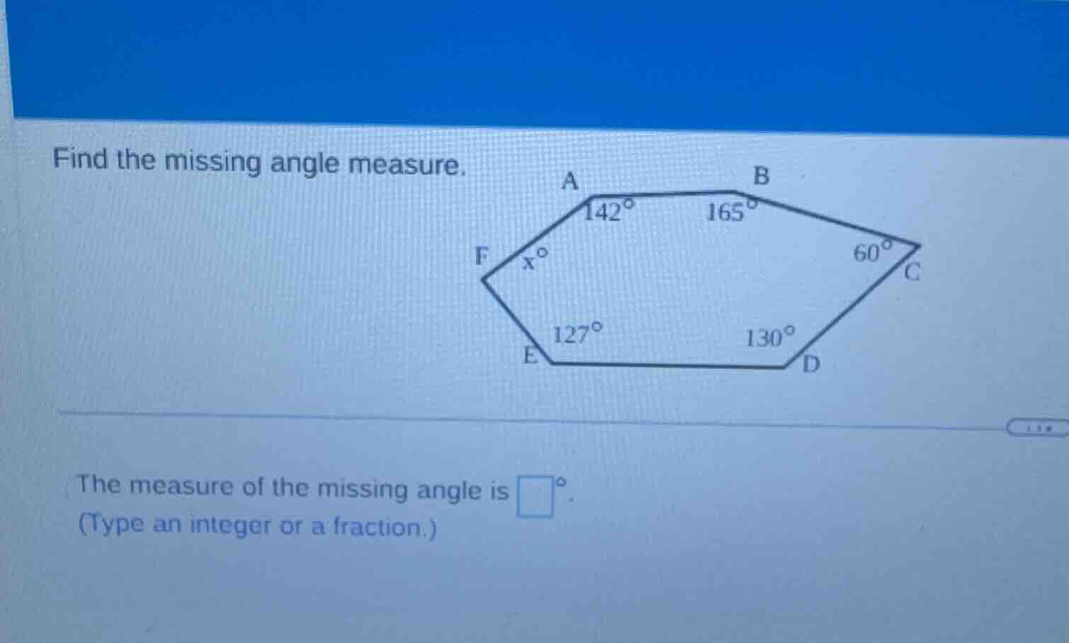 find the missing angle measure. the measure of the missing angle is \\(…