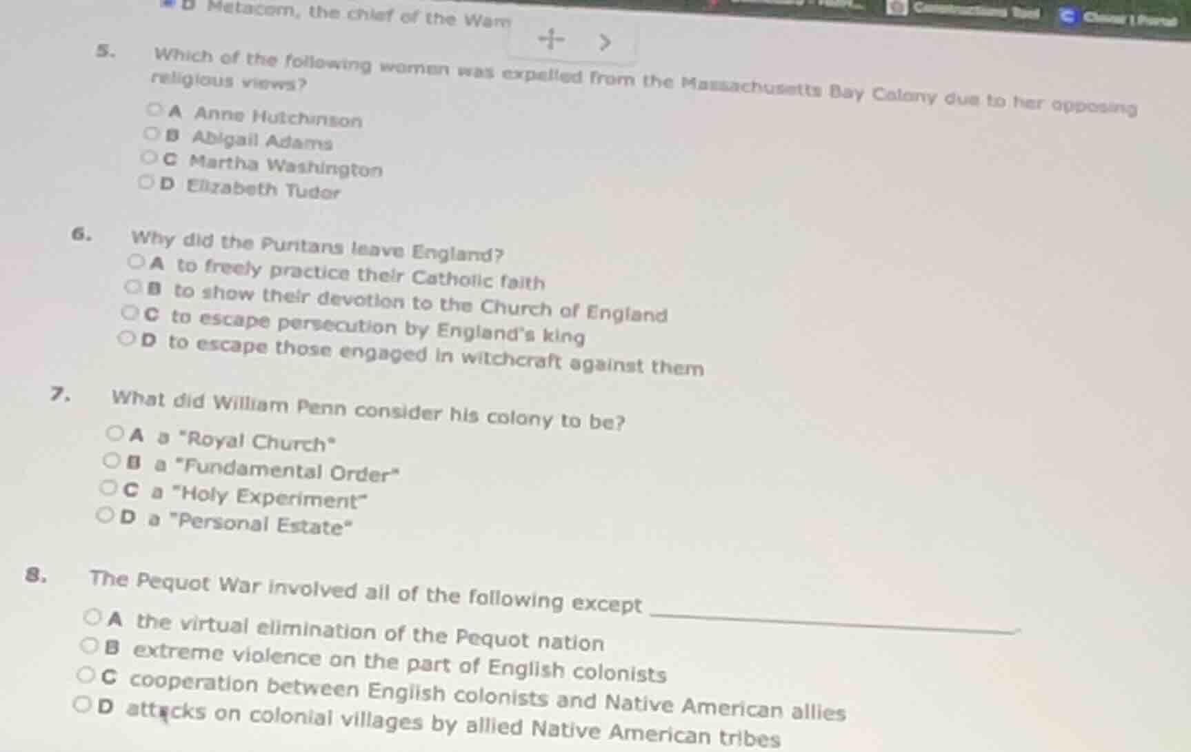 5. which of the following woman was expelled from the massachusetts bay…