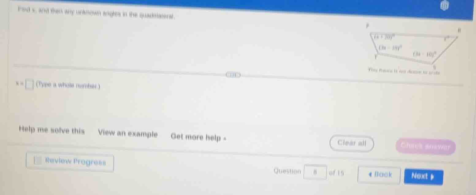 find x, and then any unknown angles in the quadrilateral. x = \\square …