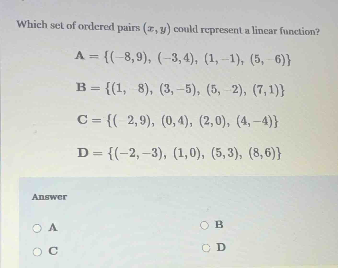 which set of ordered pairs (x,y) could represent a linear function? a =…