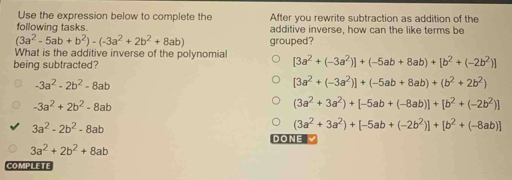 use the expression below to complete the following tasks.\\((3a^2 - 5ab…